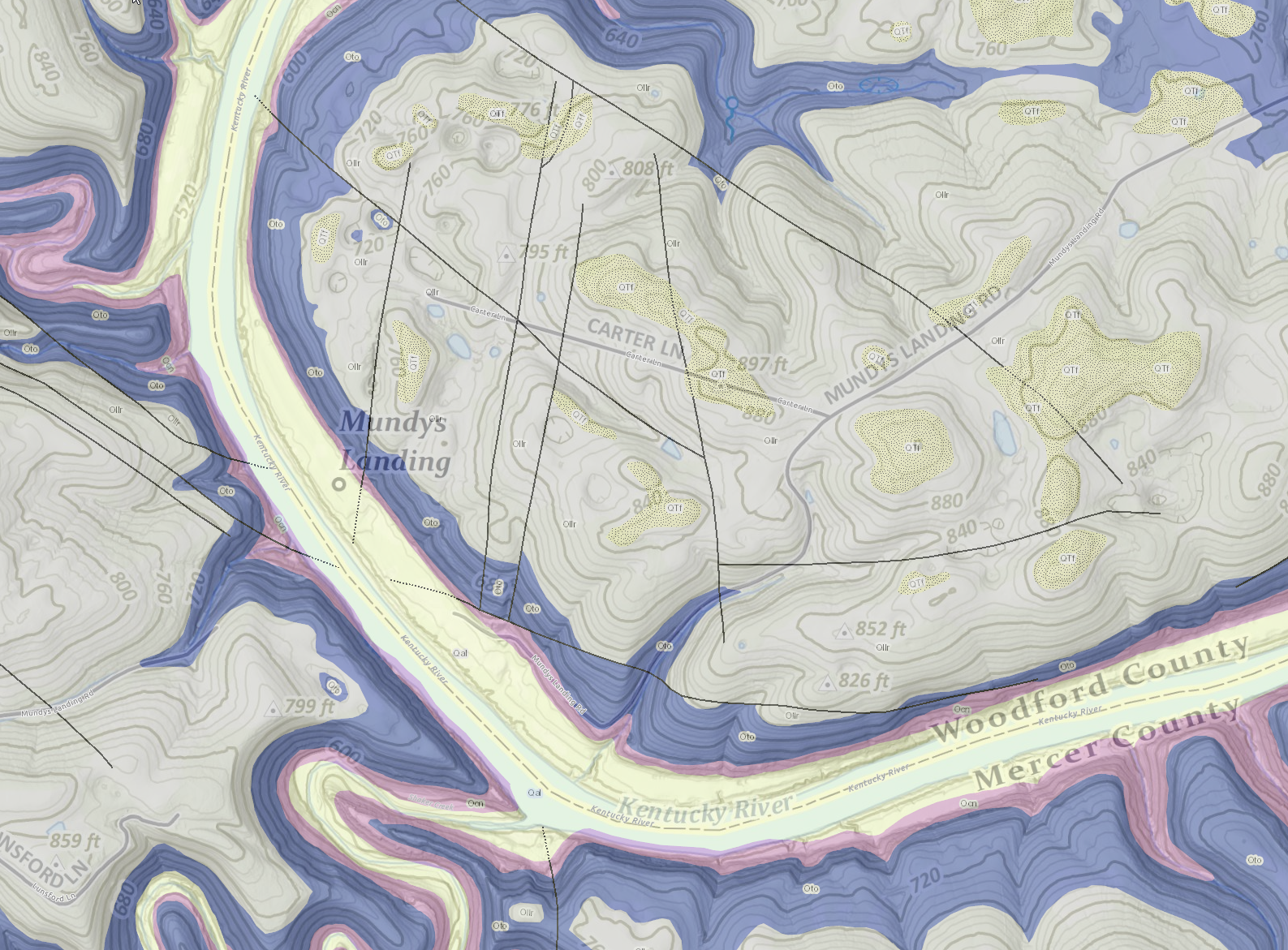 Geologic map of the Mundys Landing area and Kentucky River