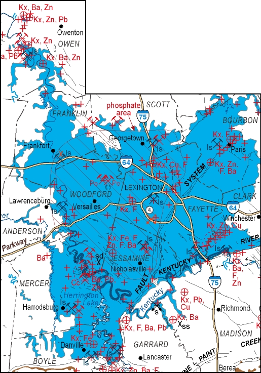 Central Kentucky Mineral District indicates locations of mineral veins.